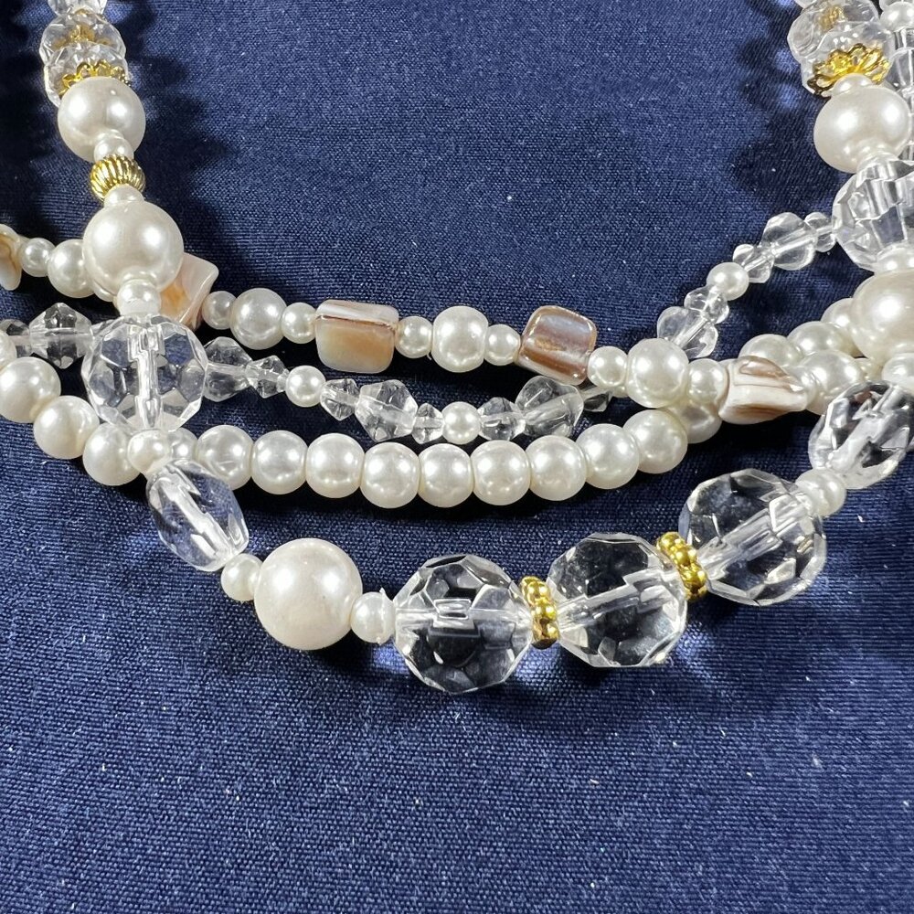 Vintage Multi-Strand Faux Pearl & Crystal Beaded Necklace With Gold Accents - Picture 2 of 3